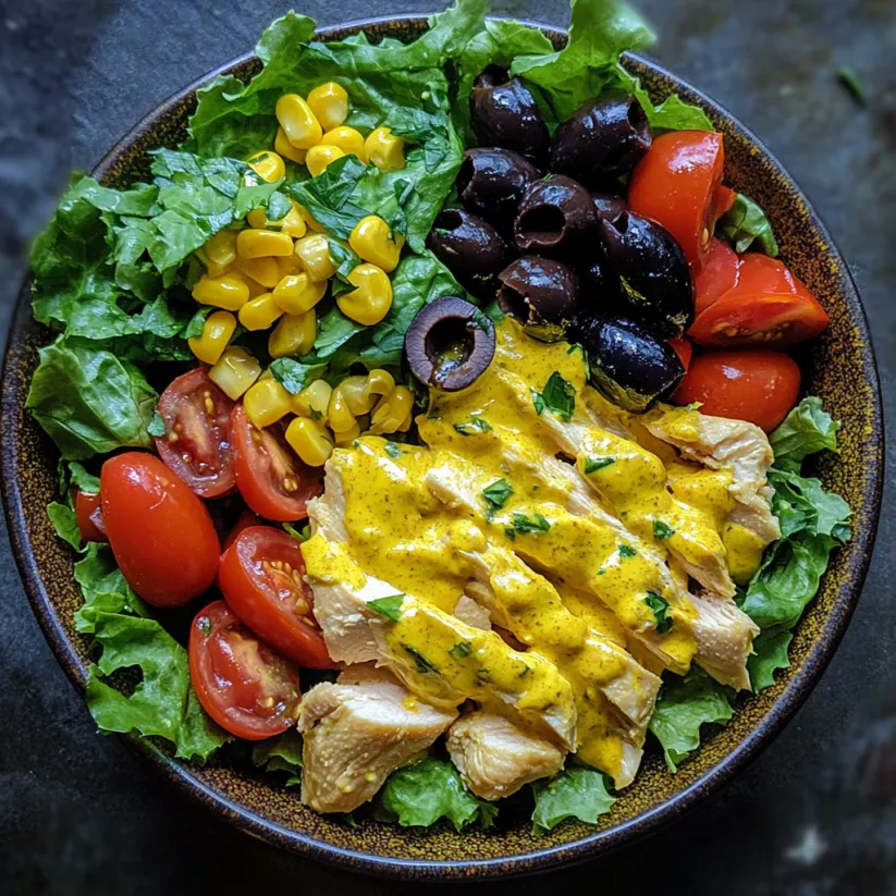 A bowl of salad with chicken, tomatoes, corn, and olives.