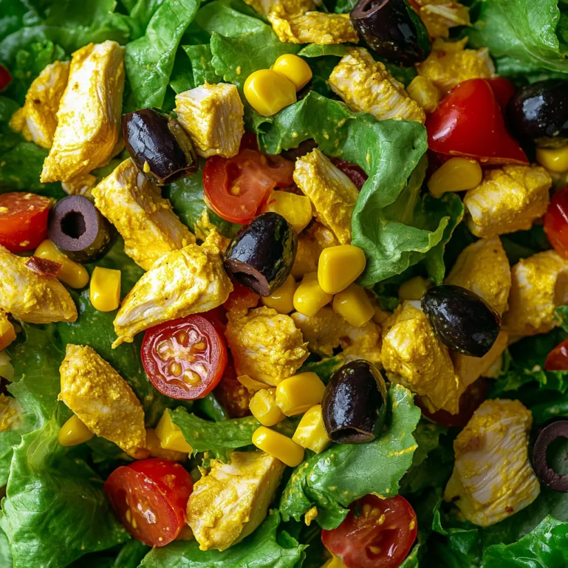 A salad with chicken, tomatoes, corn, and olives.