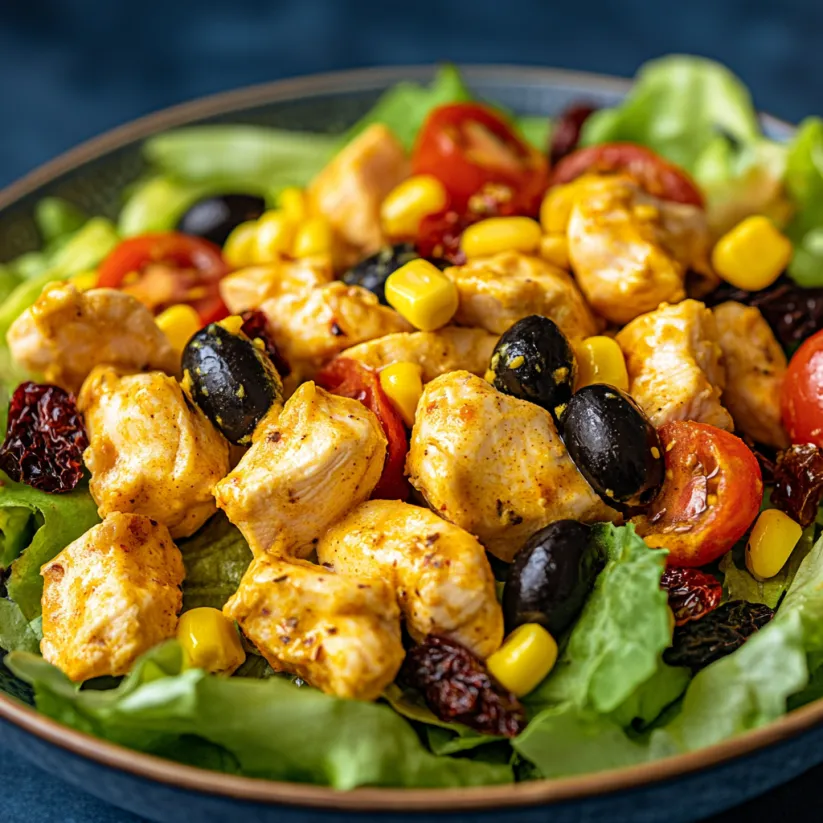 A bowl of chicken salad with tomatoes, corn, and black olives.