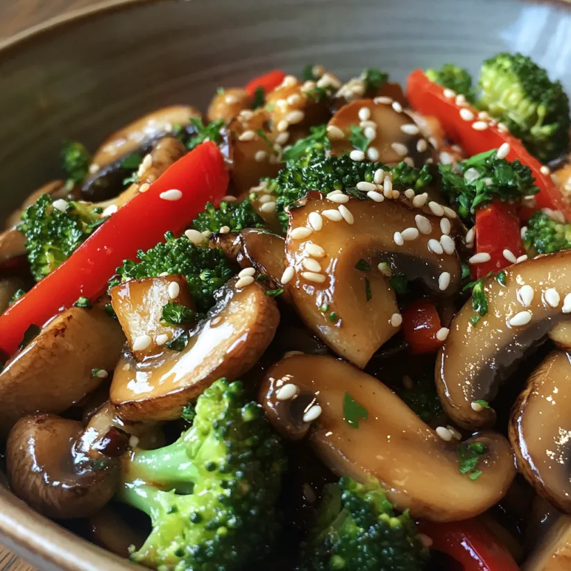 A bowl of stir fry with broccoli and red peppers.