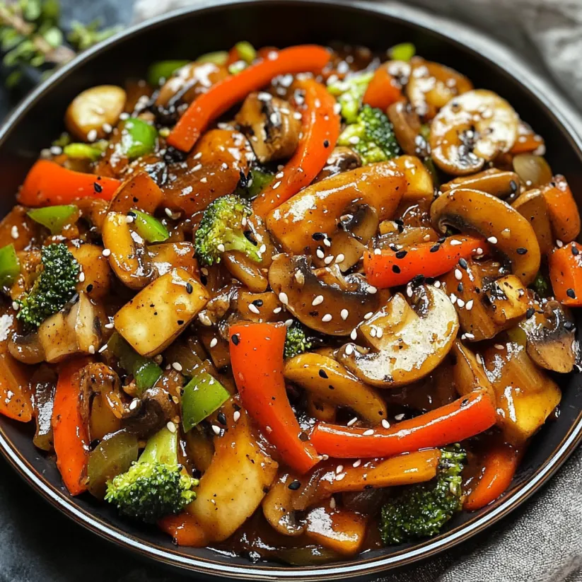 A bowl of stir fry with mushrooms, peppers, and broccoli.