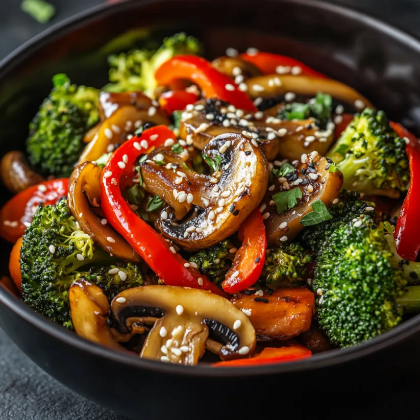 A bowl of stir fry with broccoli, peppers, and mushrooms.