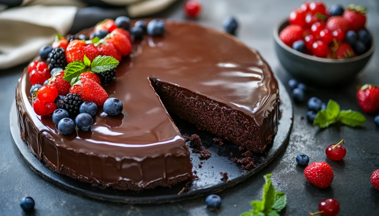 A slice of chocolate cake with strawberries on top.