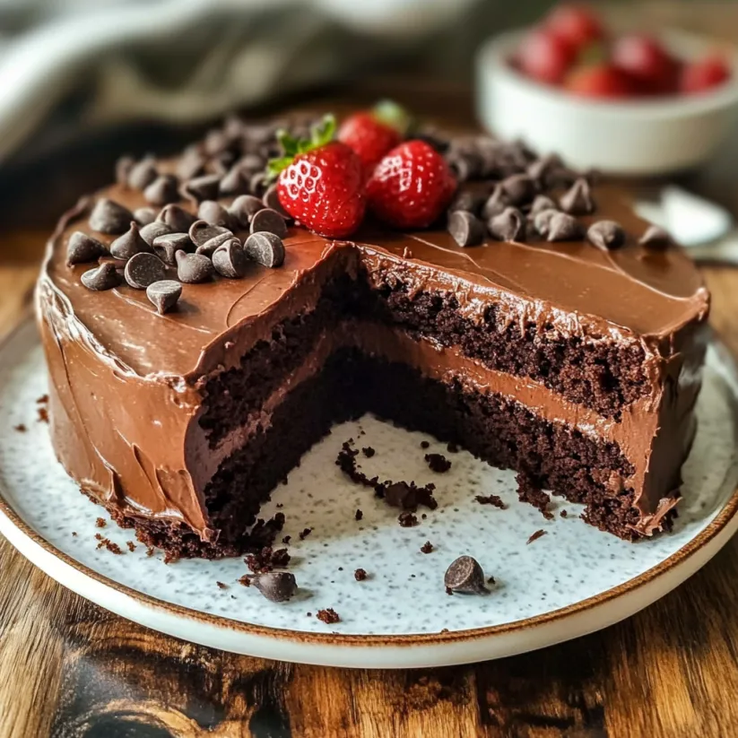 A slice of chocolate cake with strawberries on top.