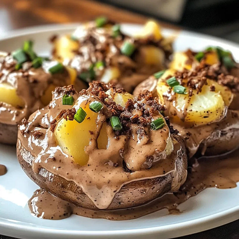 A plate of food with chocolate sauce on it.