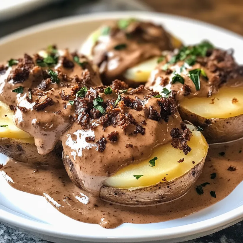 A plate of potatoes with chocolate sauce on top.