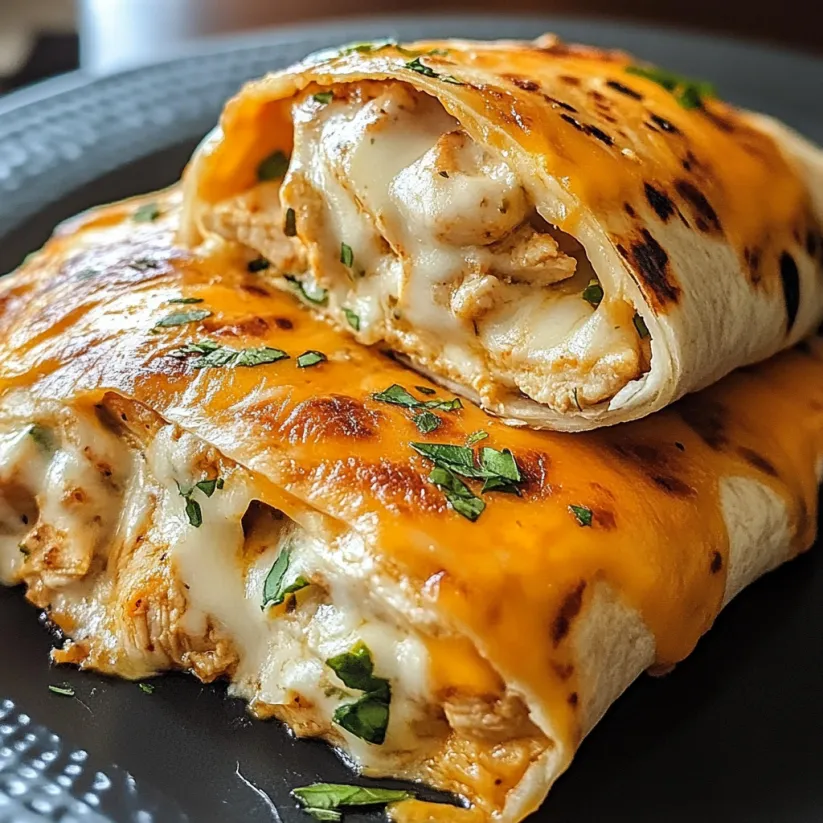 A close up of a cheesy garlic chicken wrap.