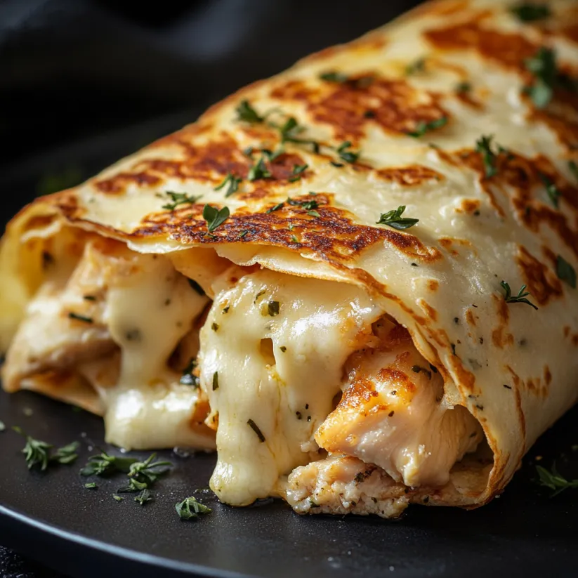 A cheesy garlic chicken wrap on a plate.