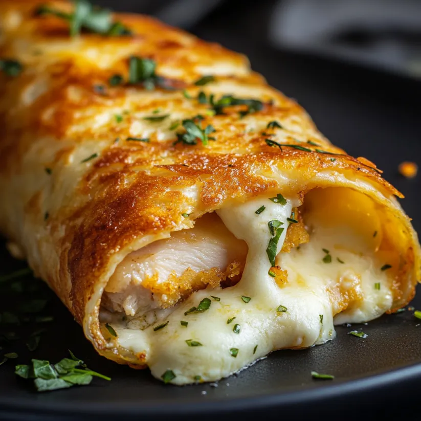 A cheesy garlic chicken wrap is shown on a plate.