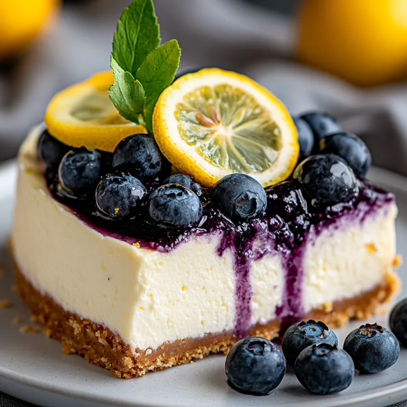 A slice of blueberry lemon cheesecake with a lemon wedge on top.