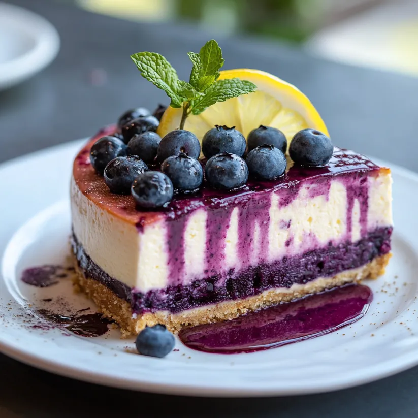 A slice of blueberry lemon cheesecake with a lemon wedge on top.