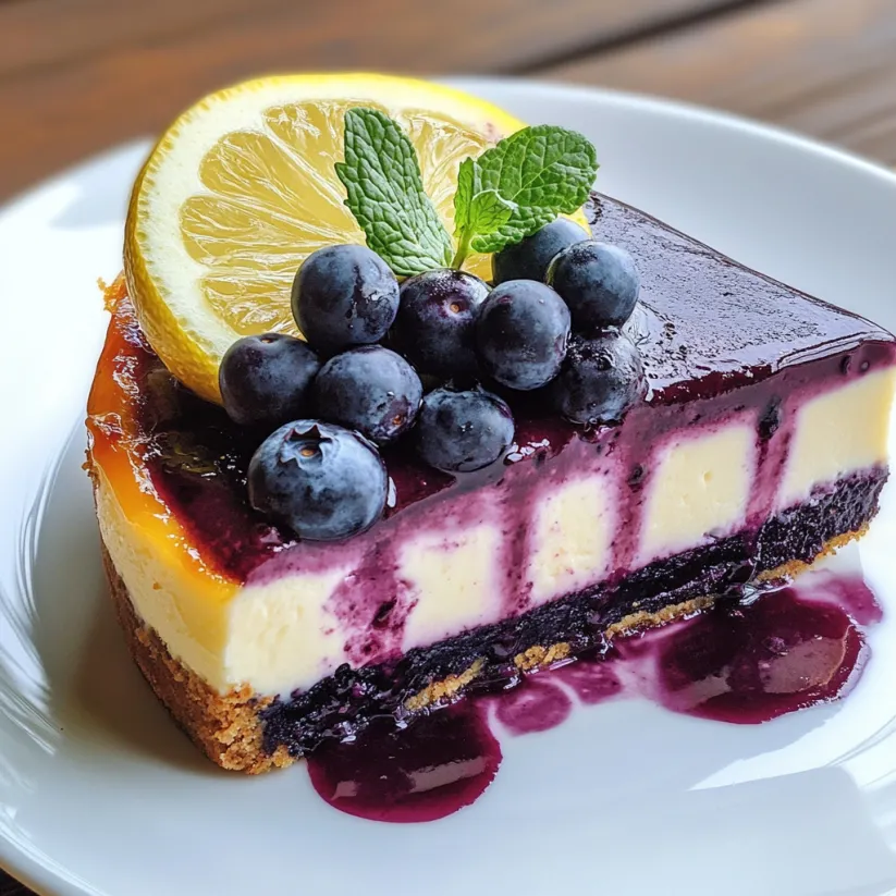 A slice of blueberry lemon cheesecake with a lemon wedge on top.