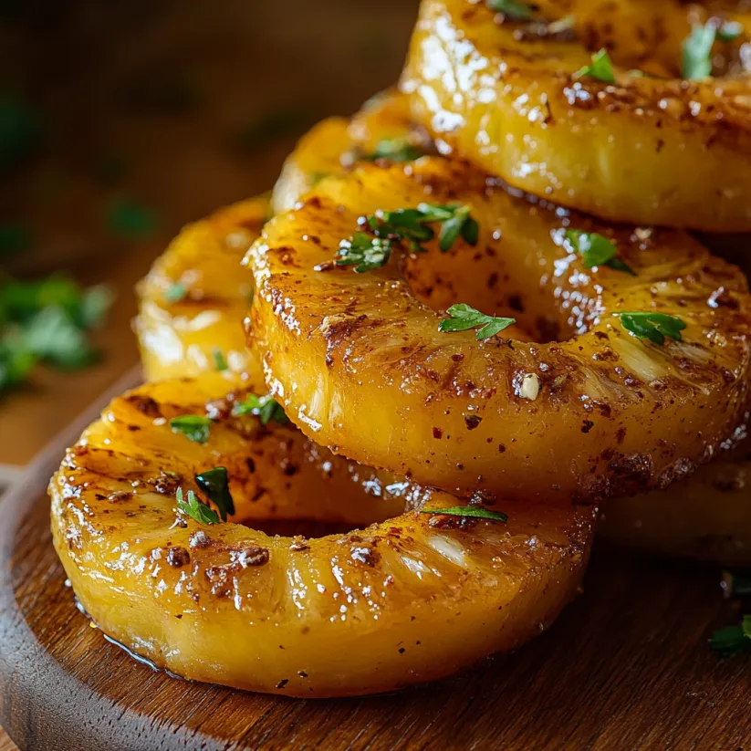 A stack of fried pineapple rings on a wooden cutting board.