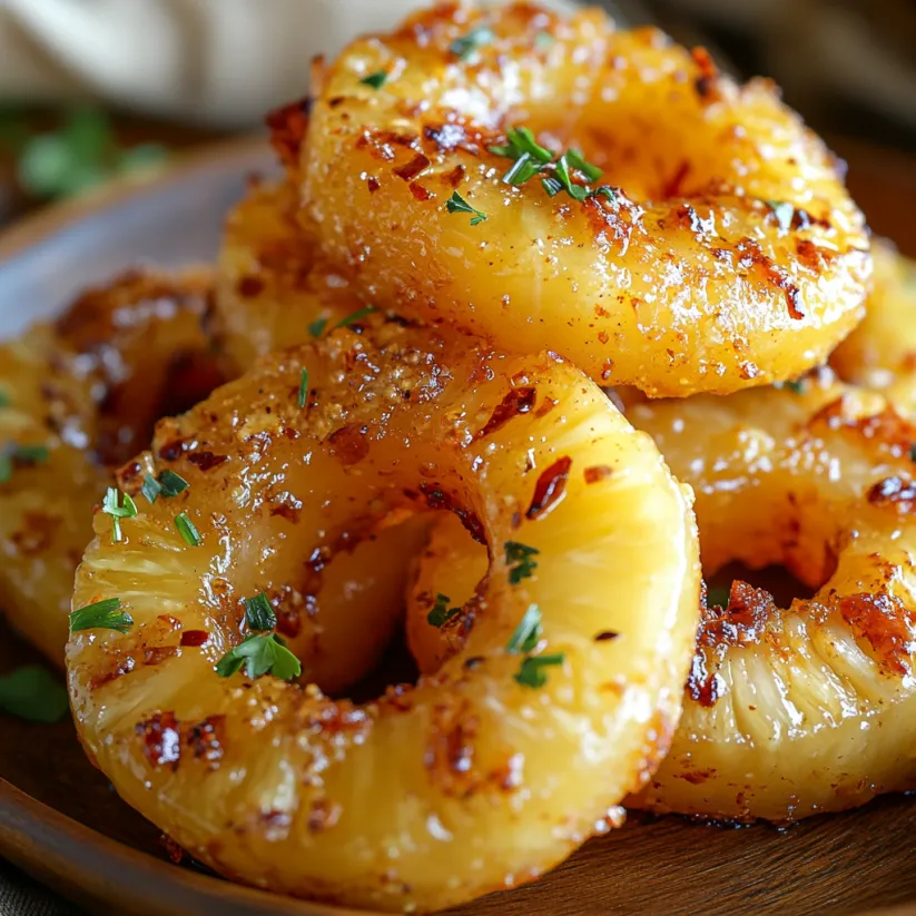 Fried pineapple rings on a plate.