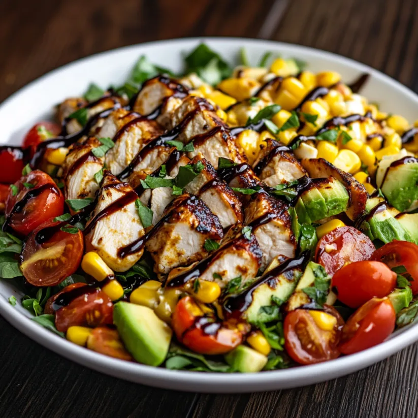 A plate of food with chicken, avocado, tomato, and bacon.