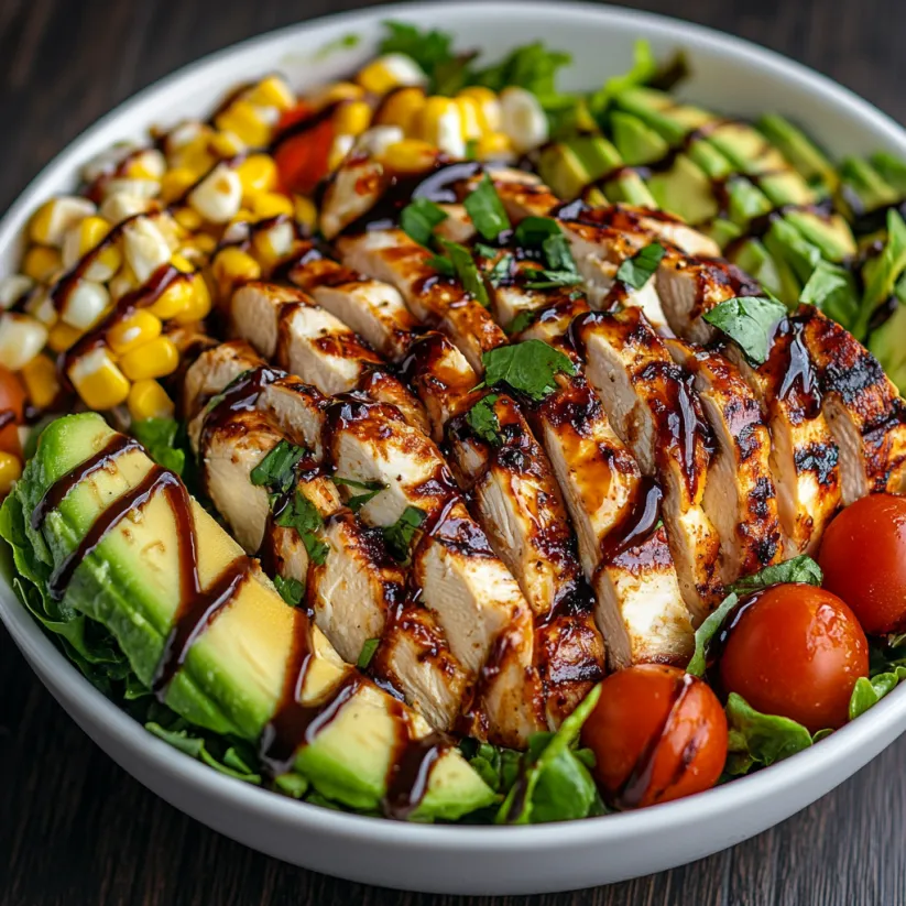 A bowl of food with chicken, avocado, tomato, and bacon.
