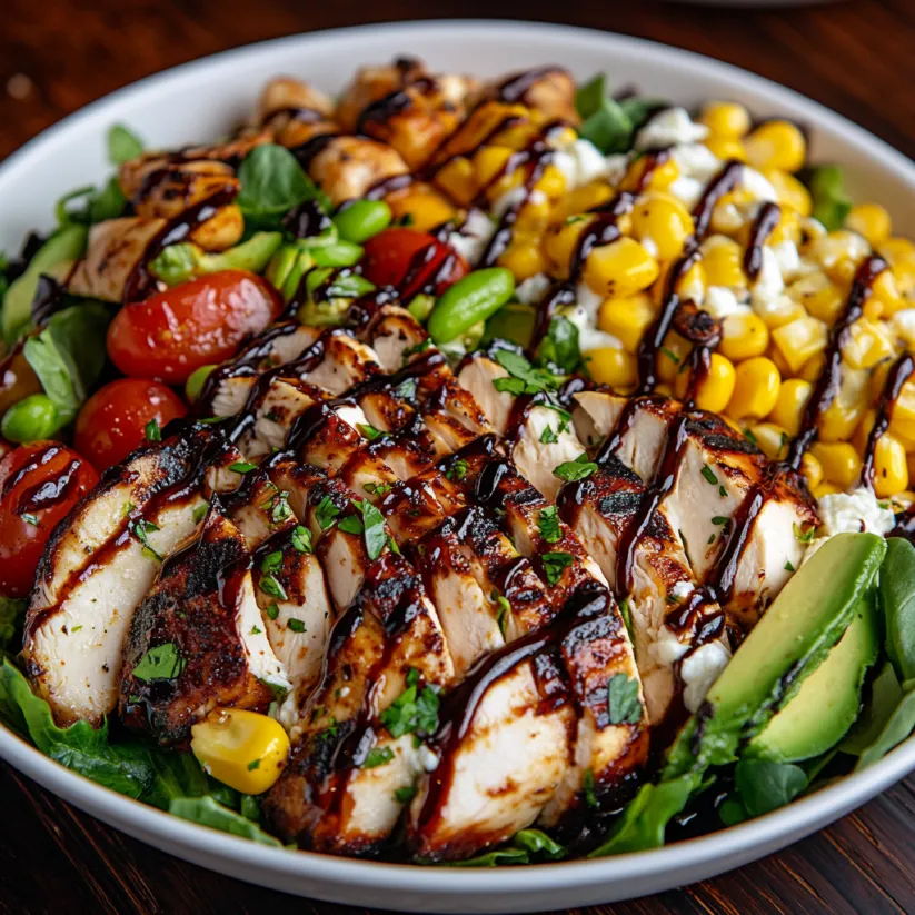 A bowl of food with chicken, tomatoes, corn, avocado, and bacon.