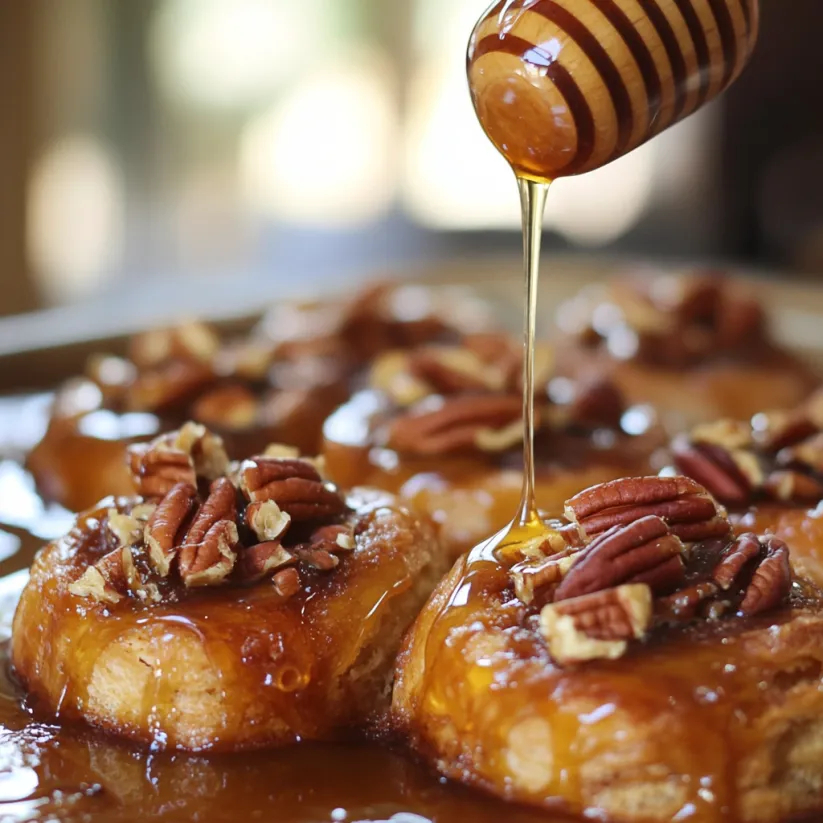 A close up of a pecan sticky bun with honey drizzled on top.