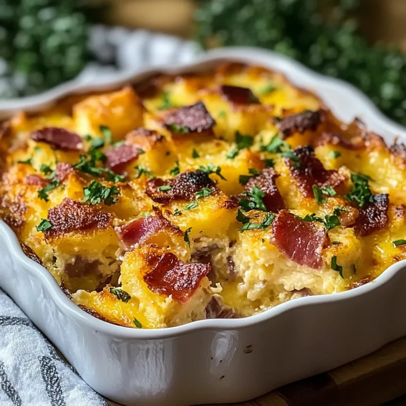 A white bowl filled with a breakfast casserole.