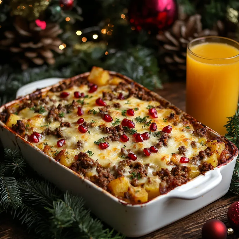 A casserole dish with a glass of orange juice on the side.