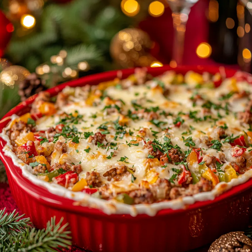 A red bowl filled with a delicious casserole.