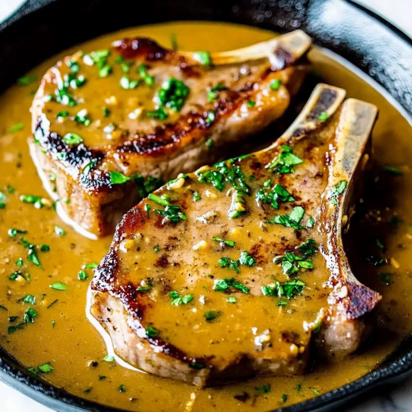 A pan of honey mustard pork chops.