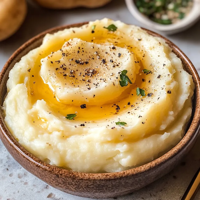 A bowl of mashed potatoes with a spoon in it.