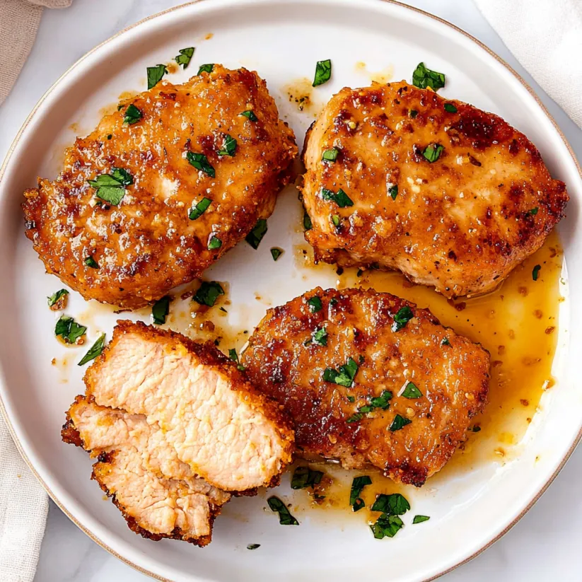 A plate of pork chops with sauce.