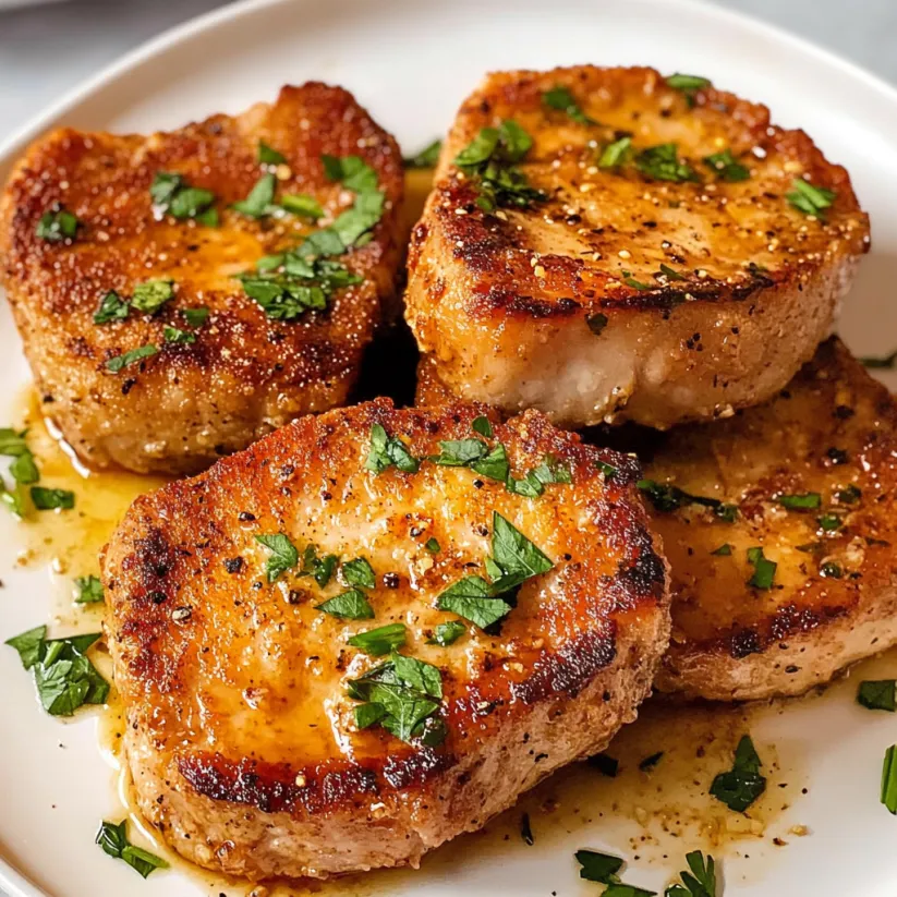 Air fryer pork chops on a white plate.