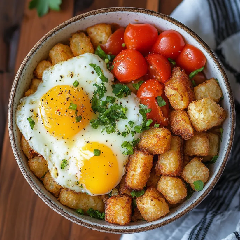 A bowl of food with eggs, tomatoes, and potatoes.