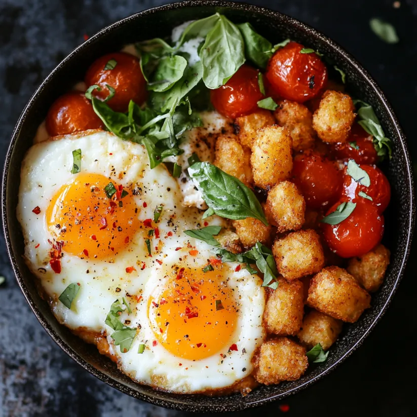 A bowl of food with eggs, tomatoes, and tater tots.
