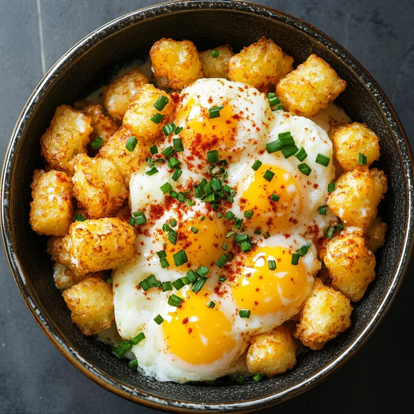 A bowl of food with eggs, tater tots, and cheese.