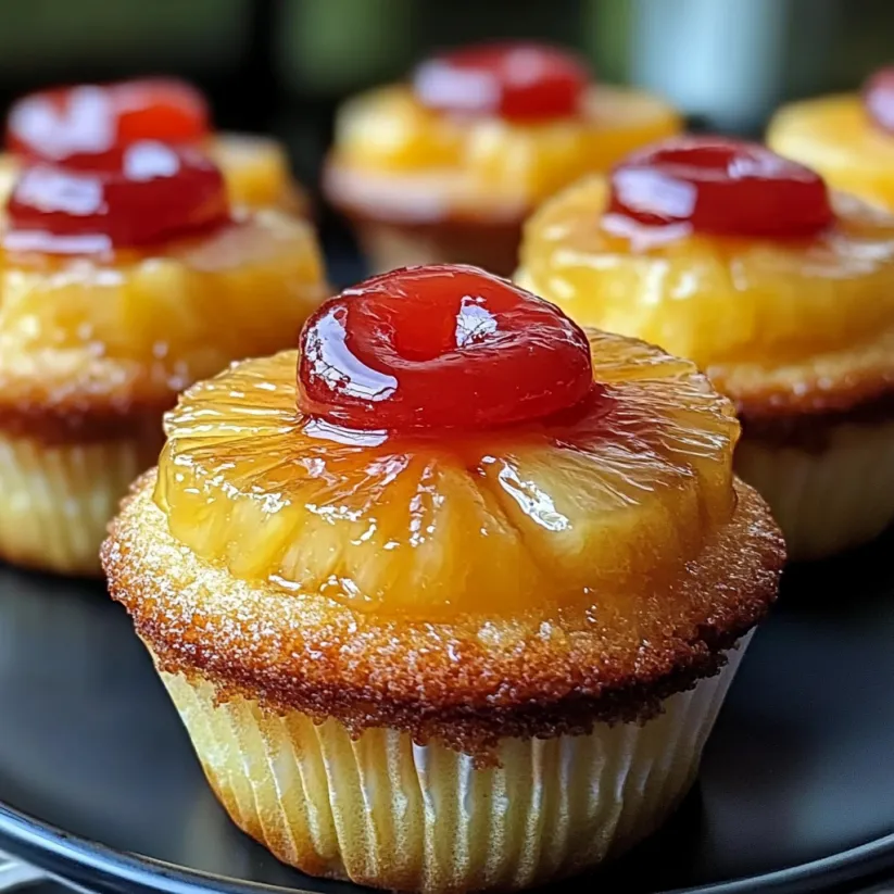 A cupcake with a pineapple upside down topping.