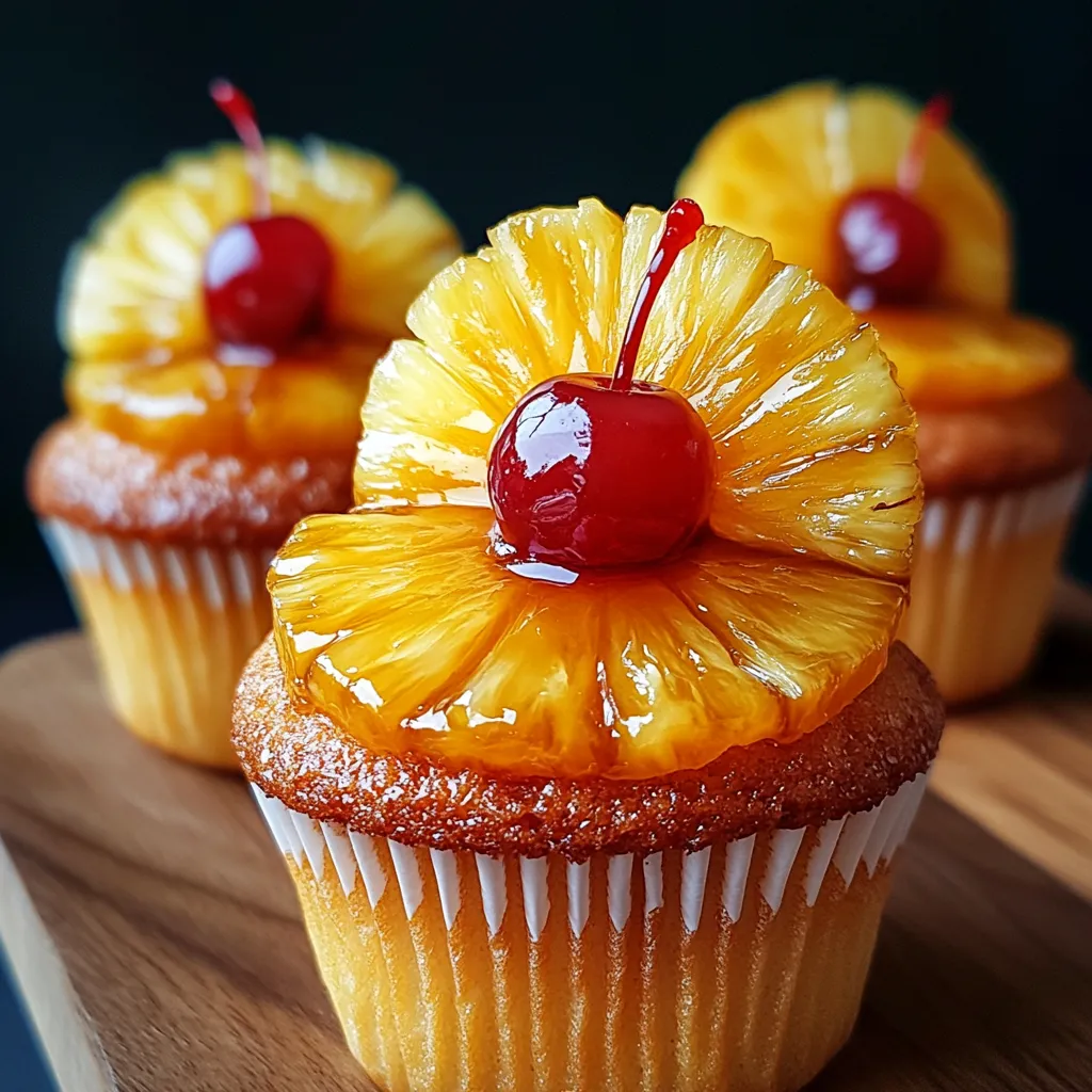 Three cupcakes with pineapple upside down toppings.