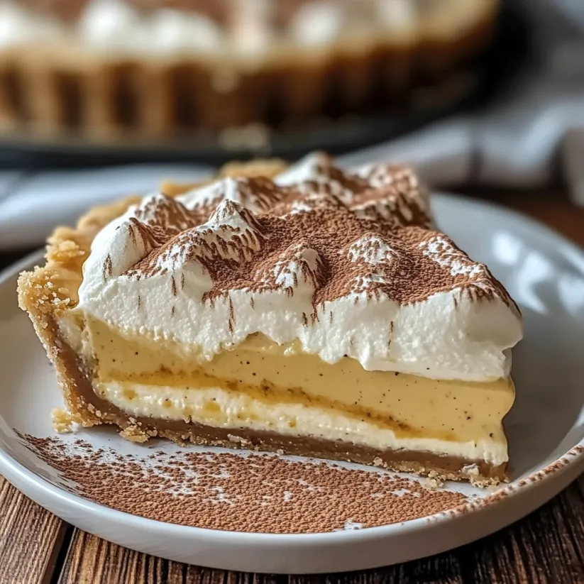 A slice of banana cream pie on a plate.