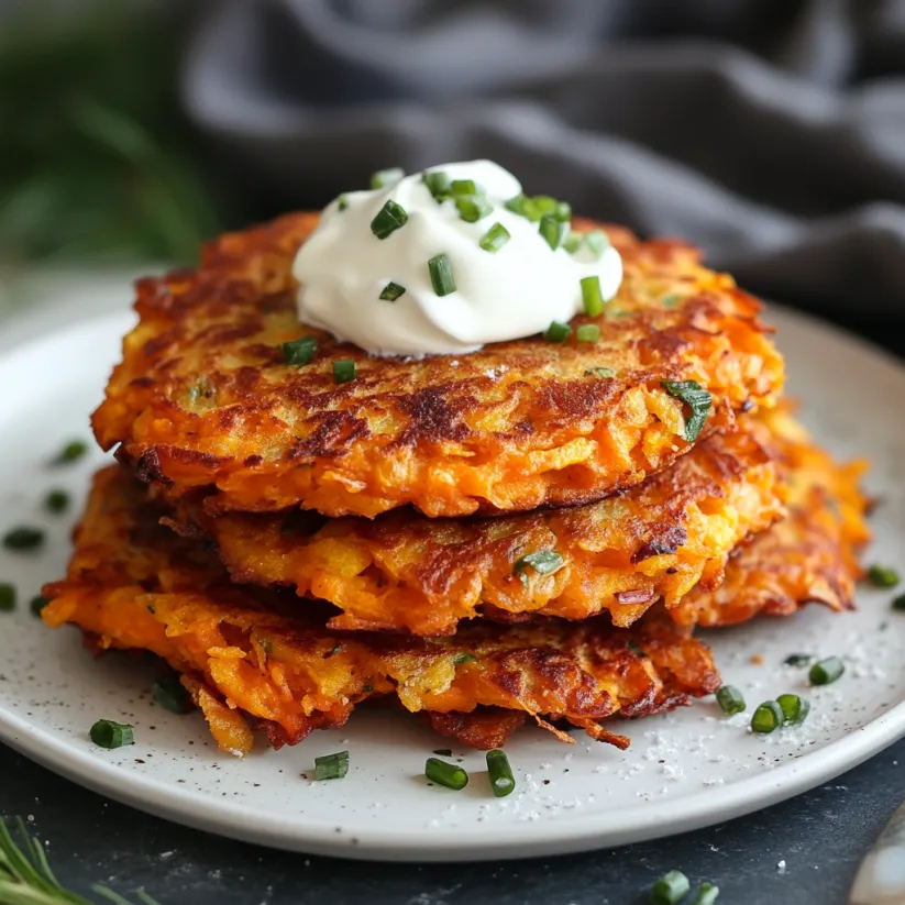 A stack of sweet potato hash browns with white sauce on top.