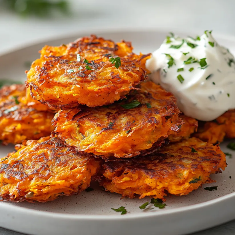 A plate of sweet potato hash browns with a dollop of sour cream on top.