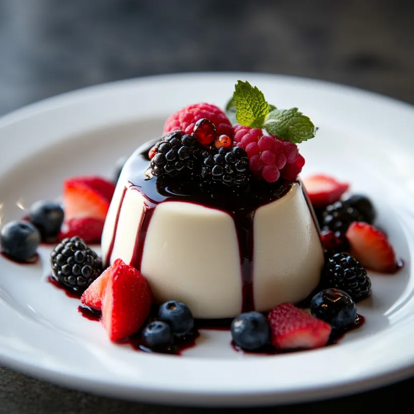 A plate of food with a berry topping.