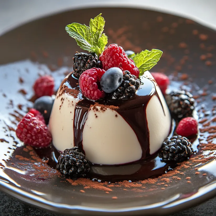 A plate of food with a chocolate sauce and berries on top.