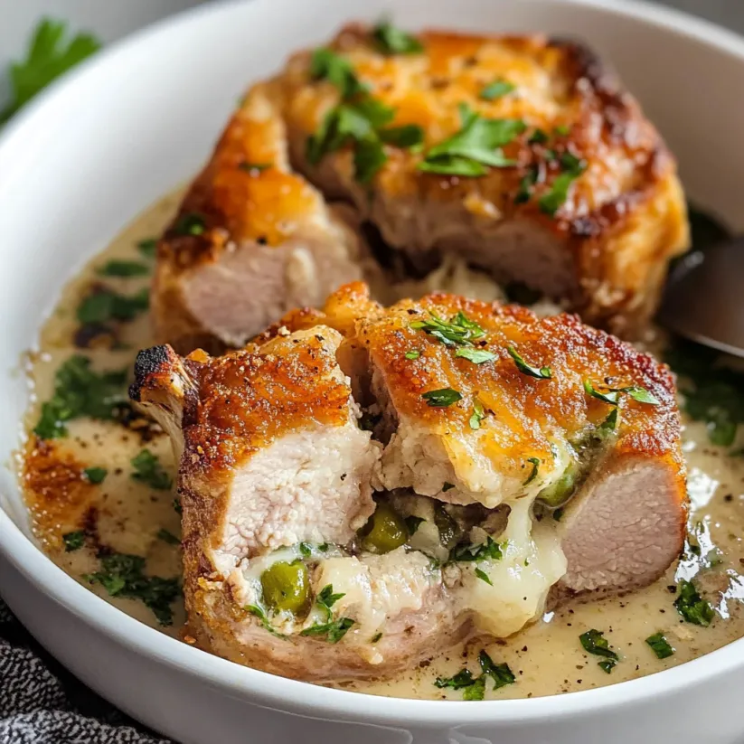 A bowl of stuffed pork chops.