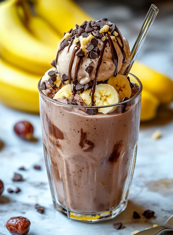 A glass of Chunky Monkey Smoothie.