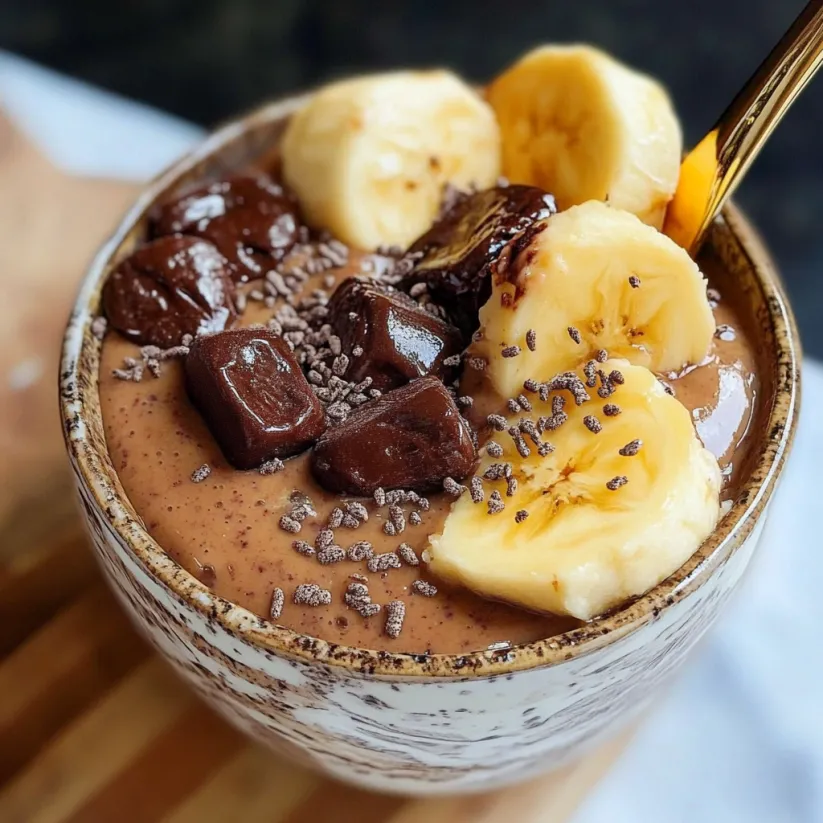 A close up of a Chunky Monkey Smoothie.