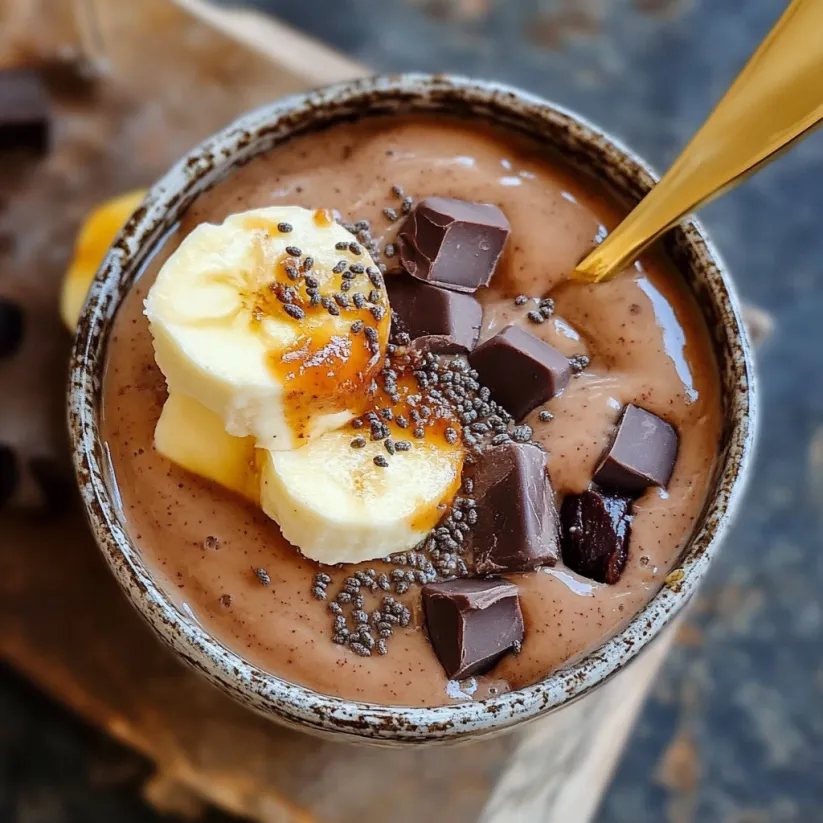 A close up of a Chunky Monkey Smoothie.