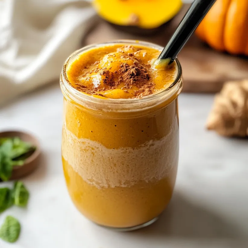 A glass of pumpkin gingerbread smoothie.