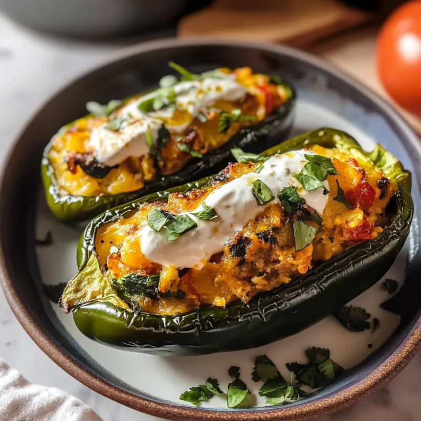 Two stuffed peppers with white sauce on a plate.