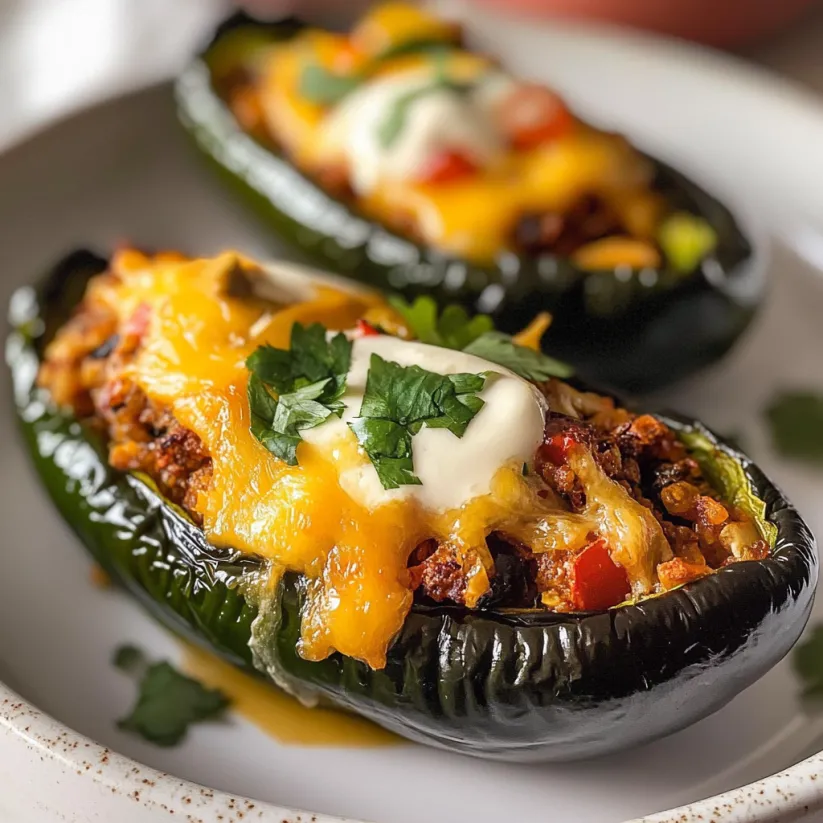 Two stuffed peppers with cheese and sour cream.