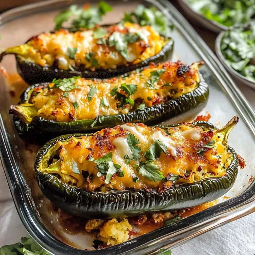 A dish of stuffed peppers with cheese and herbs.
