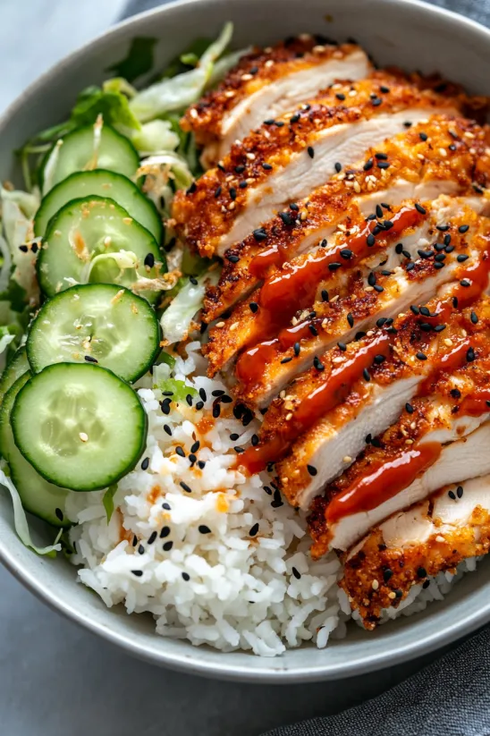 A bowl of food with chicken, rice, and cucumbers.