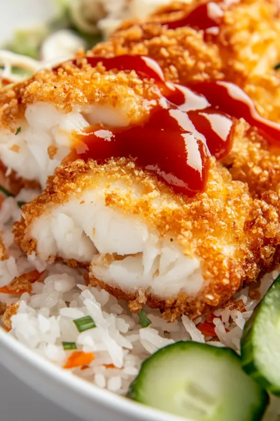A piece of fried tofu with ketchup on top.