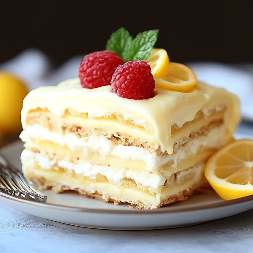 A slice of lemon cake with raspberries on top.
